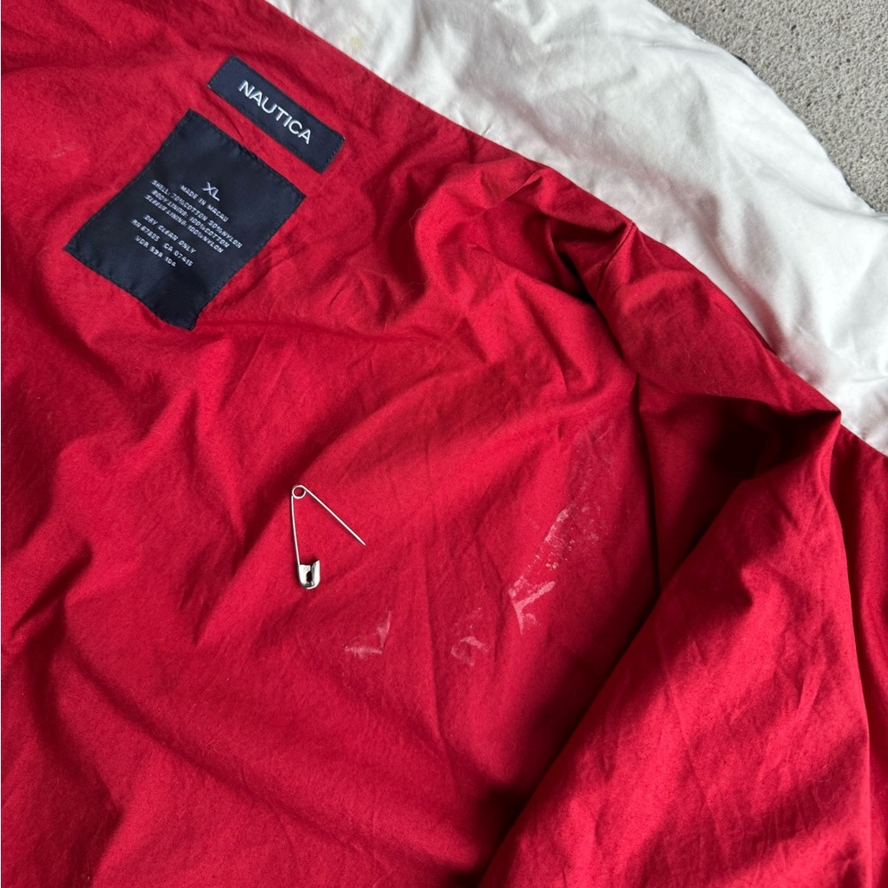 Vintage Nautica Sailing Jacket Mens XL Red Blue Colorblock Hideaway Hood Flaw - Picture 9 of 14